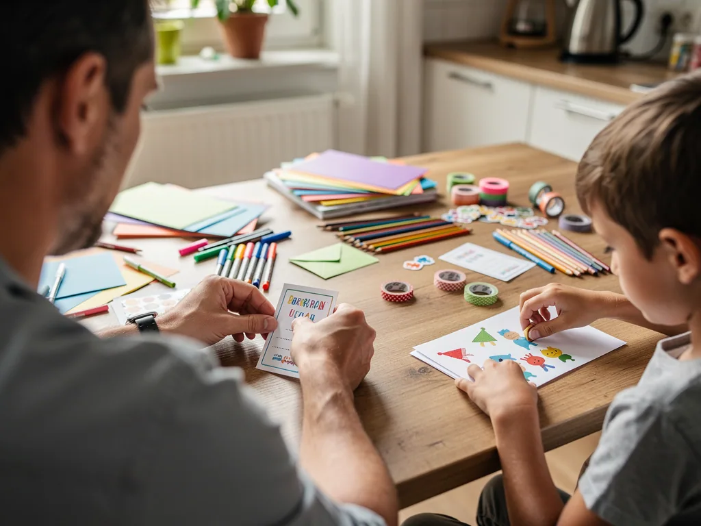 Vater und Kind basteln Geburtstagseinladungen am Küchentisch mit Stiften, Papier, Stickern und Washi-Tape.