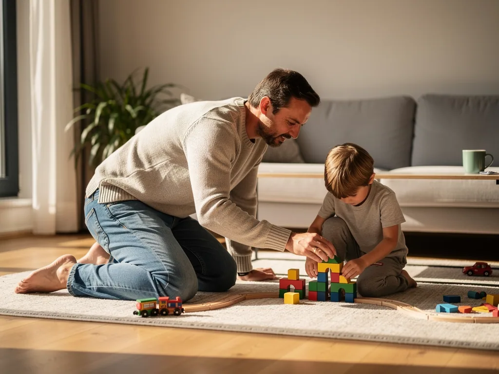 Vater und Kind bauen im Wohnzimmer auf dem Teppich mit Holzbahn und bunten Bausteinen.