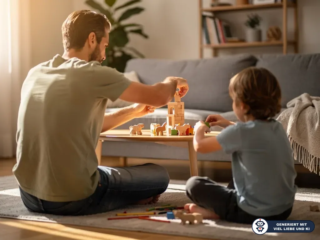 Vater und Kind bauen im Wohnzimmer gemeinsam mit Holzklötzen und Spielfiguren auf einem niedrigen Tisch. (mit KI erstellt)