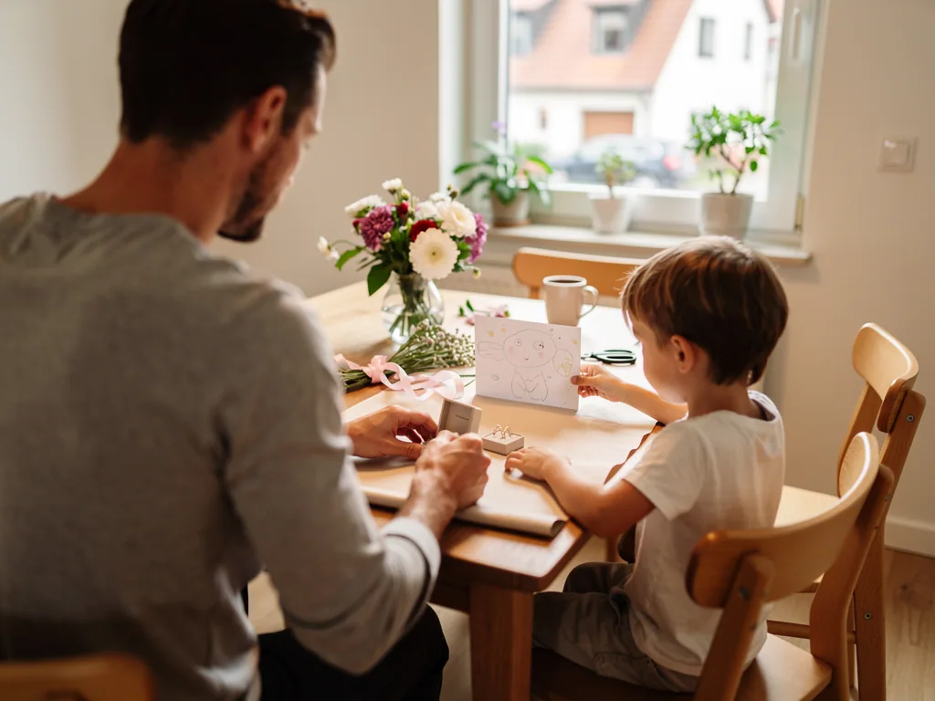 Vater und Kind bereiten am Küchentisch Blumen, Karte und Schmuck als Geschenk vor.