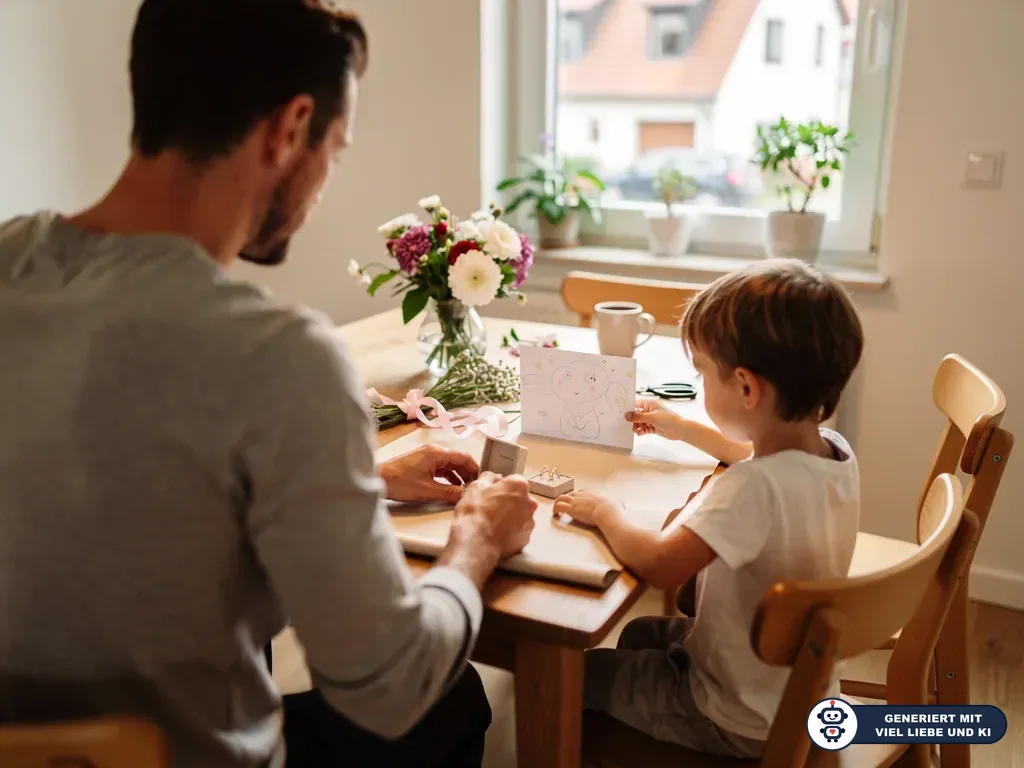 Vater und Kind bereiten am Küchentisch Blumen, Karte und Schmuck als Geschenk vor. (mit KI erstellt)