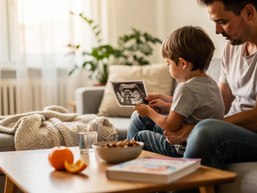 Vater und Kind betrachten auf dem Sofa ein Ultraschallbild; auf dem Tisch liegen Snack, Wasser und ein Schwangerschaftsbuch.