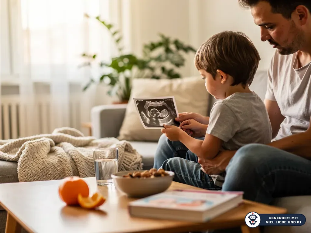 Vater und Kind betrachten auf dem Sofa ein Ultraschallbild; auf dem Tisch liegen Snack, Wasser und ein Schwangerschaftsbuch. (mit KI erstellt)