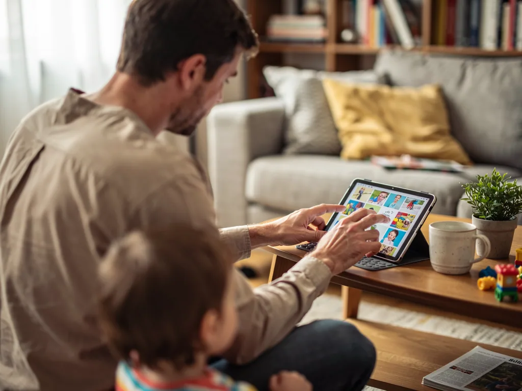 Vater und Kind betrachten auf einem Tablet Kinderfotos in einem Wohnzimmer.