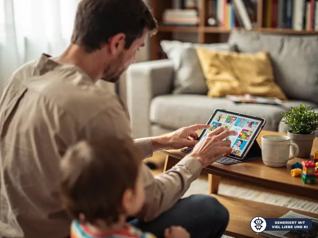 Vater und Kind betrachten auf einem Tablet Kinderfotos in einem Wohnzimmer. (mit KI erstellt)