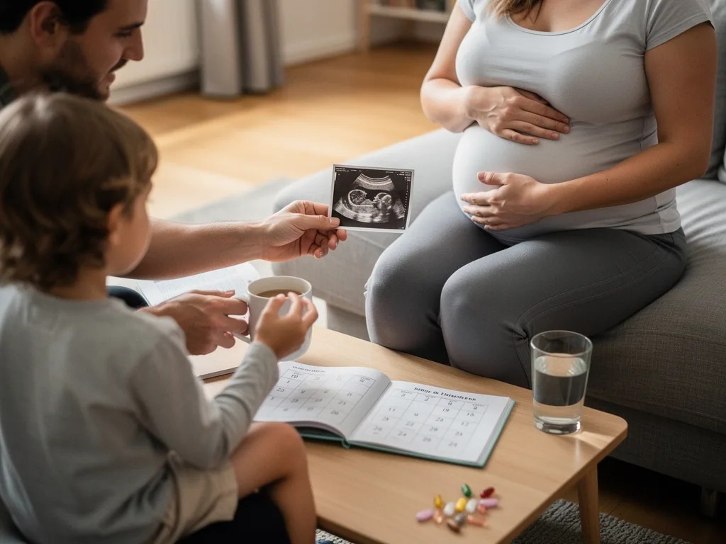 Vater und Kind betrachten ein Ultraschallbild, während die schwangere Mutter auf dem Sofa ihren Bauch hält.