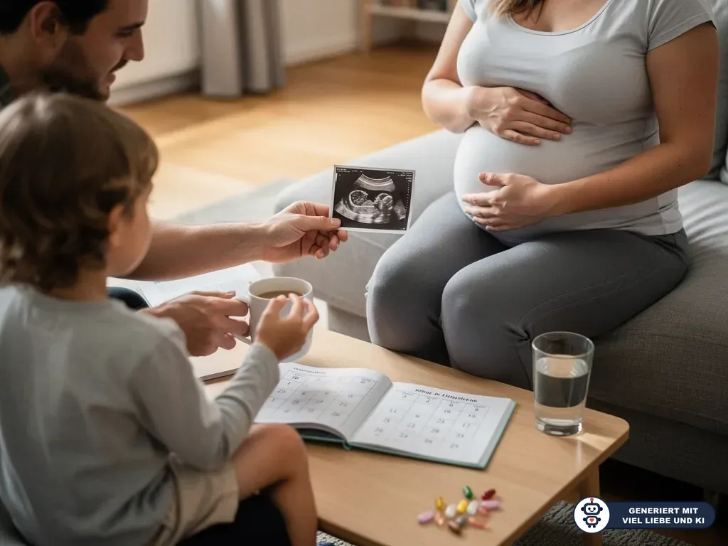 Vater und Kind betrachten ein Ultraschallbild, während die schwangere Mutter auf dem Sofa ihren Bauch hält. (mit KI erstellt)