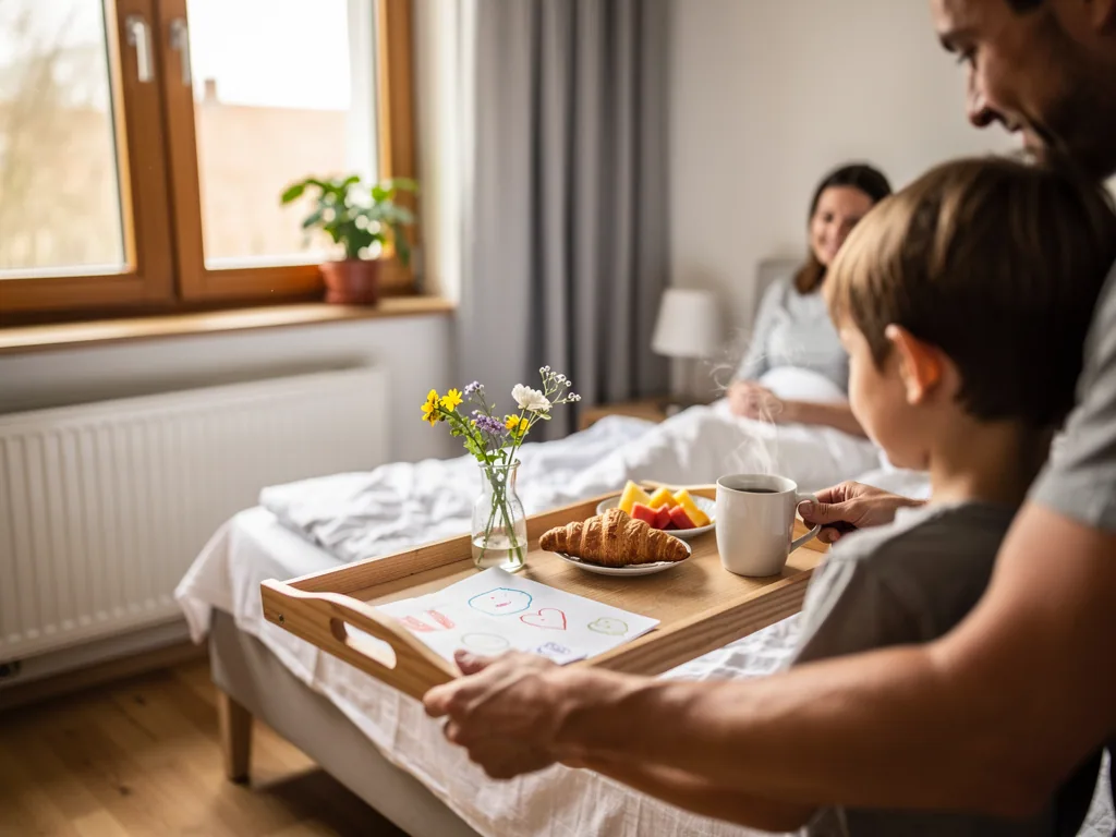 Vater und Kind bringen der Mutter ein Frühstückstablett mit Blumen, Zeichnung, Croissant, Obst und Kaffee ans Bett.
