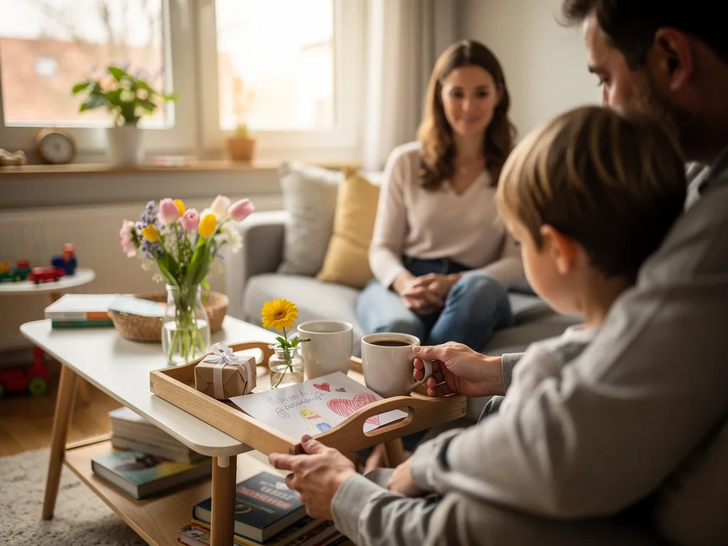 Vater und Kind bringen der Mutter im Wohnzimmer ein Tablett mit Kaffee, Geschenk, Blume und selbstgemaltem Muttertagsbild.