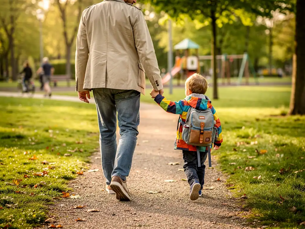 Vater und Kind gehen Hand in Hand mit Rucksack auf einem Parkweg zum Spielplatz.