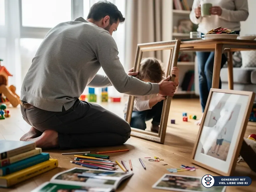 Vater und Kind halten einen leeren Bilderrahmen im Wohnzimmer, umgeben von Stiften, Fotos und Bastelmaterial. (mit KI erstellt)