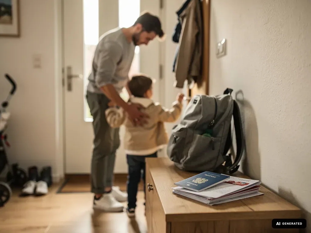 Vater und Kind im Flur, daneben liegen Reisepass, Kinderpass-Unterlagen und Rucksack auf einer Kommode. (mit KI erstellt)