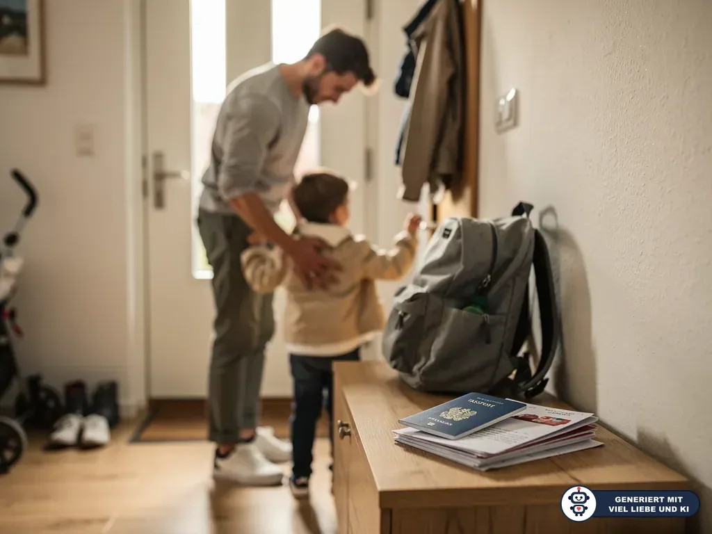 Vater und Kind im Flur, daneben liegen Reisepass, Kinderpass-Unterlagen und Rucksack auf einer Kommode. (mit KI erstellt)