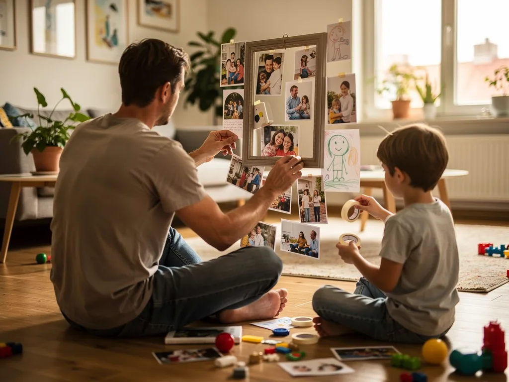 Vater und Kind kleben Fotos und Zeichnungen in einen leeren Bilderrahmen im Wohnzimmer.