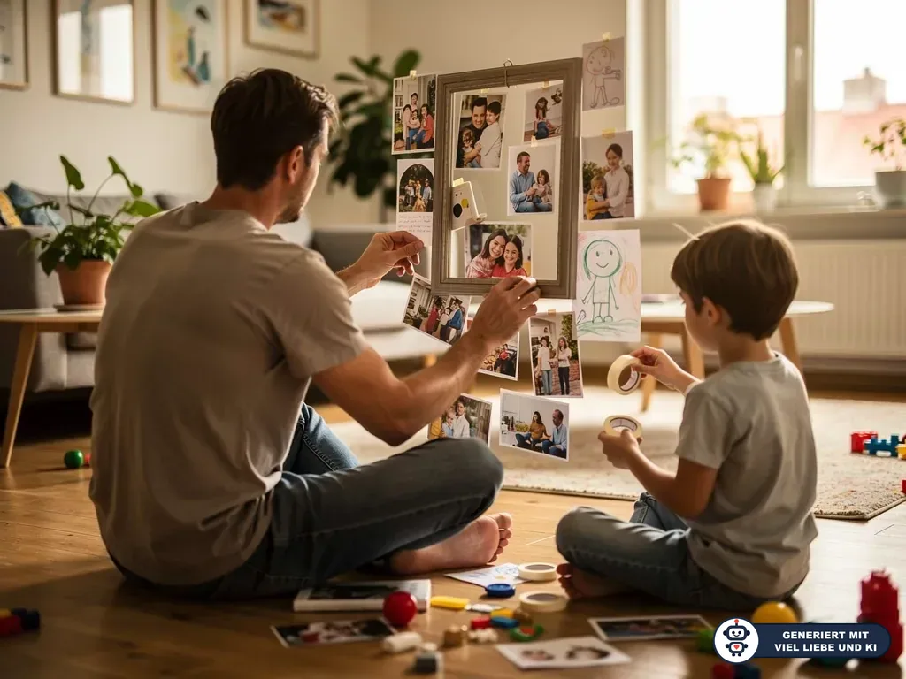 Vater und Kind kleben Fotos und Zeichnungen in einen leeren Bilderrahmen im Wohnzimmer. (mit KI erstellt)