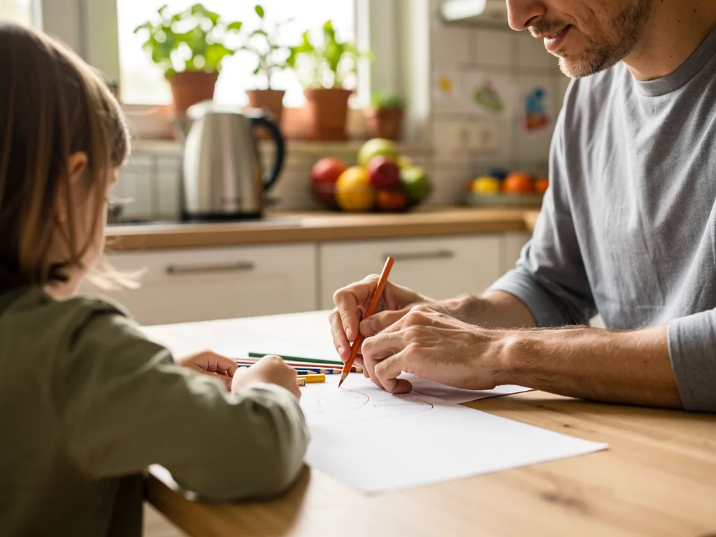 Vater und Kind malen gemeinsam am Küchentisch mit Buntstiften auf Papier.