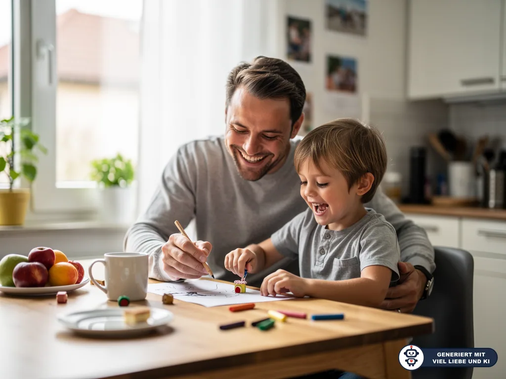 Vater und Kind malen lachend am Küchentisch mit Stiften, Spielzeug und Obstschale. (mit KI erstellt)
