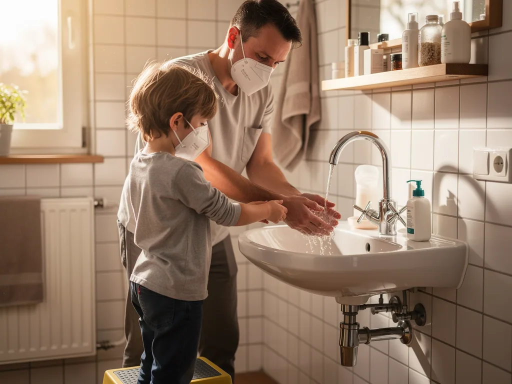 Vater und Kind mit Schutzmasken waschen gemeinsam die Hände am Waschbecken im Badezimmer.