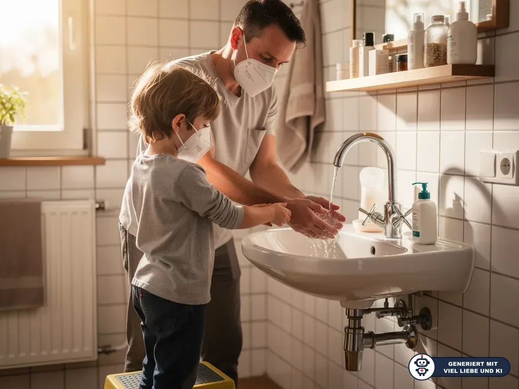 Vater und Kind mit Schutzmasken waschen gemeinsam die Hände am Waschbecken im Badezimmer. (mit KI erstellt)