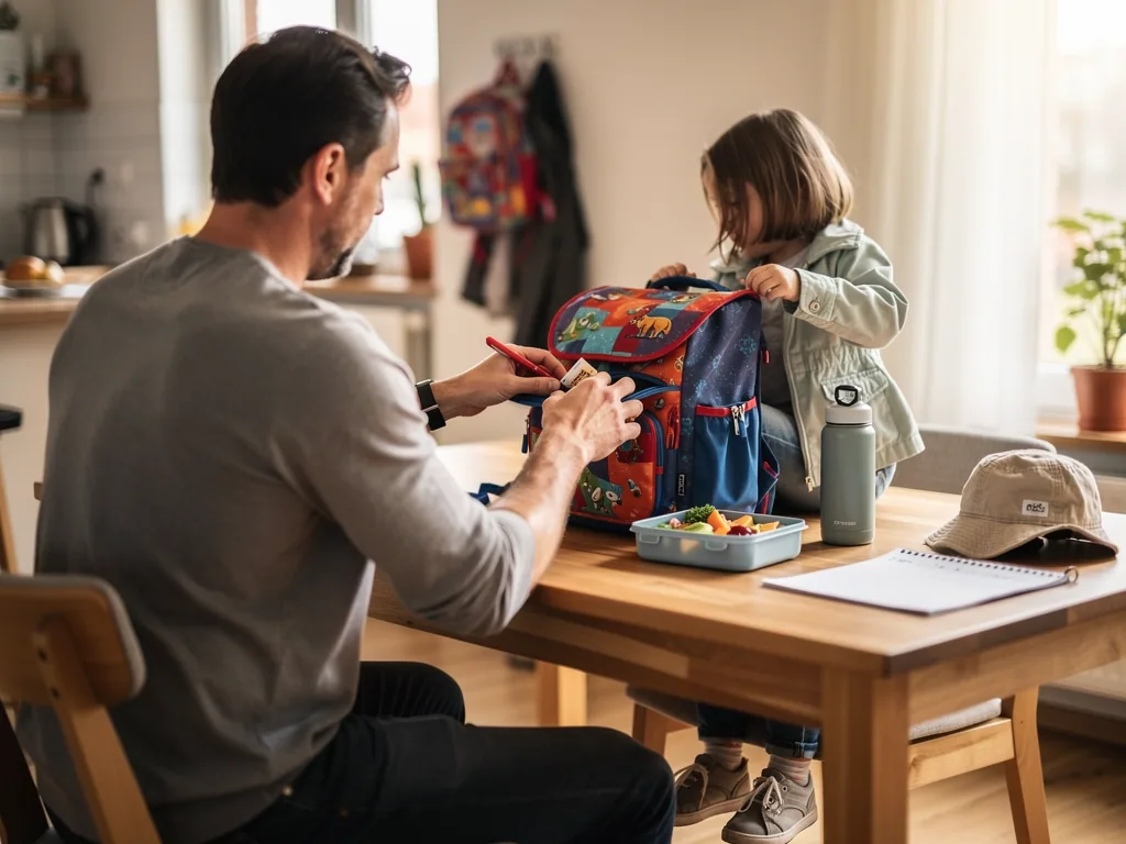 Vater und Kind packen am Küchentisch gemeinsam einen Schulranzen mit Brotdose, Trinkflasche und Mütze.