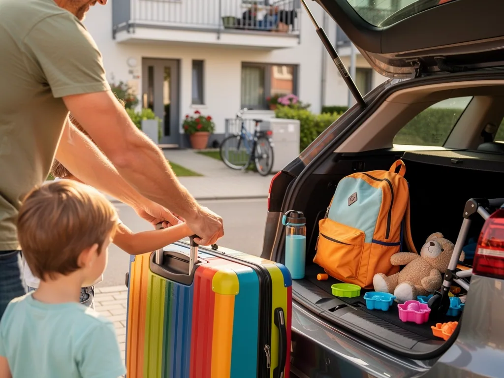 Vater und Kind packen einen bunten Koffer in den geöffneten Kofferraum mit Rucksack, Trinkflasche und Spielzeug.