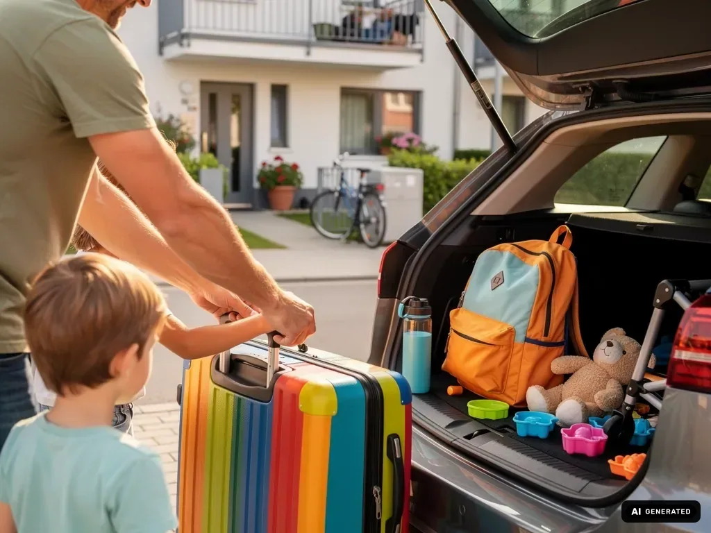 Vater und Kind packen einen bunten Koffer in den geöffneten Kofferraum mit Rucksack, Trinkflasche und Spielzeug. (mit KI erstellt)