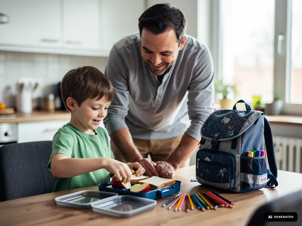 Vater und Kind packen in der Küche Brotdose und Schulranzen für die Einschulung. (mit KI erstellt)
