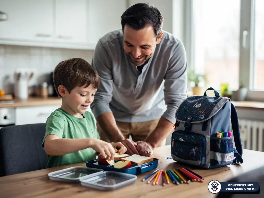 Vater und Kind packen in der Küche Brotdose und Schulranzen für die Einschulung. (mit KI erstellt)