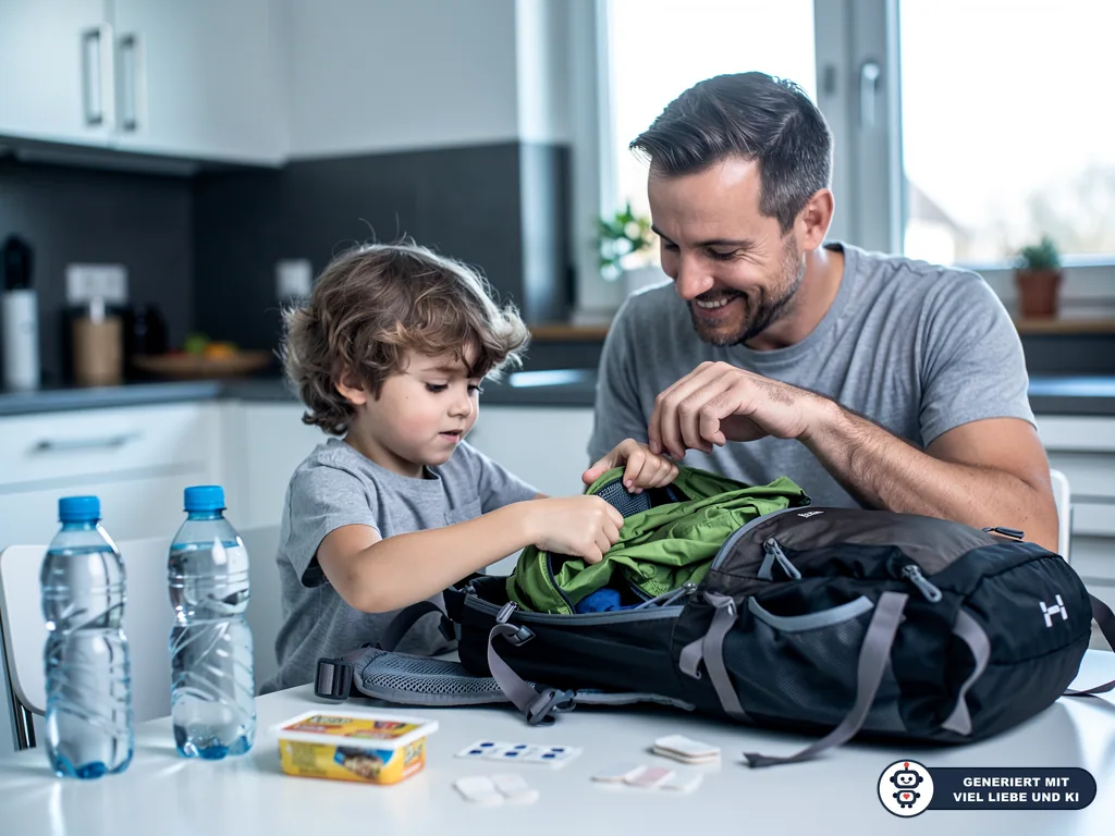 Vater und Kind packen in der Küche einen Rucksack mit Kleidung, Wasserflaschen, Snacks und Pflastern. (mit KI erstellt)