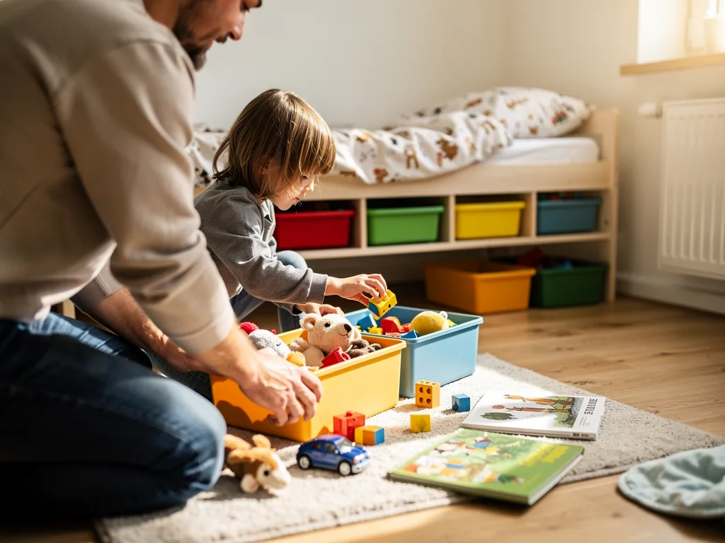 Vater und Kind räumen Spielzeug in Boxen auf dem Kinderzimmerteppich, neben ihnen liegen Bücher und Bausteine.