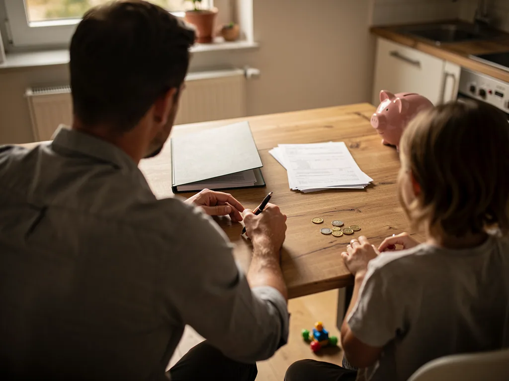 Vater und Kind sitzen am Küchentisch mit Formularen, Münzen und Sparschwein.