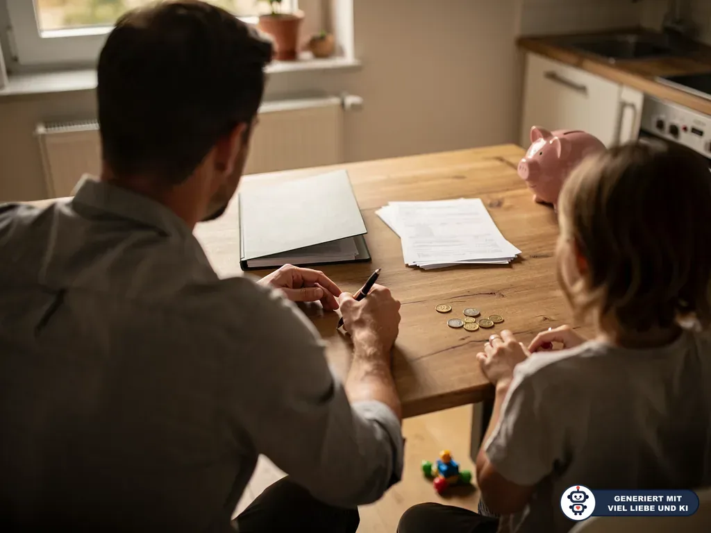 Vater und Kind sitzen am Küchentisch mit Formularen, Münzen und Sparschwein. (mit KI erstellt)