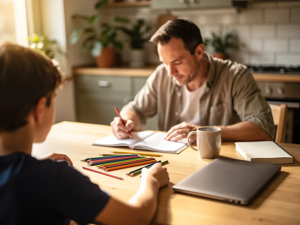 Vater und Kind sitzen am Küchentisch mit Heften, Stiften und Laptop und arbeiten konzentriert zusammen.