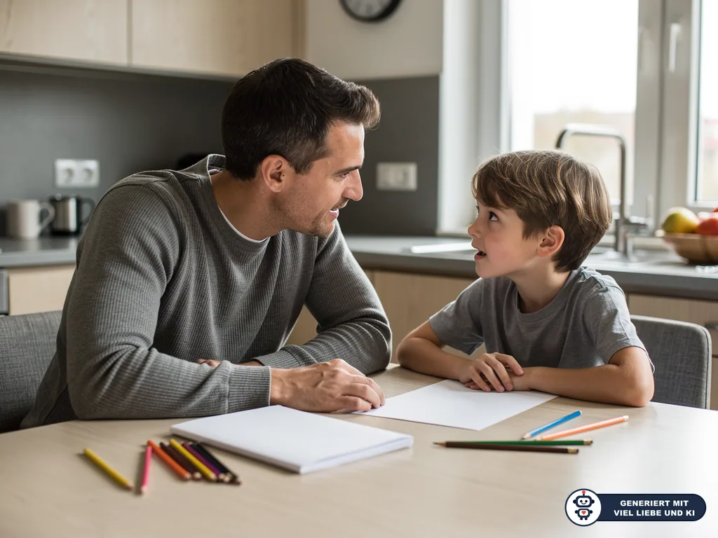 Vater und Kind sitzen am Küchentisch mit Papier und Stiften und sprechen ruhig miteinander. (mit KI erstellt)