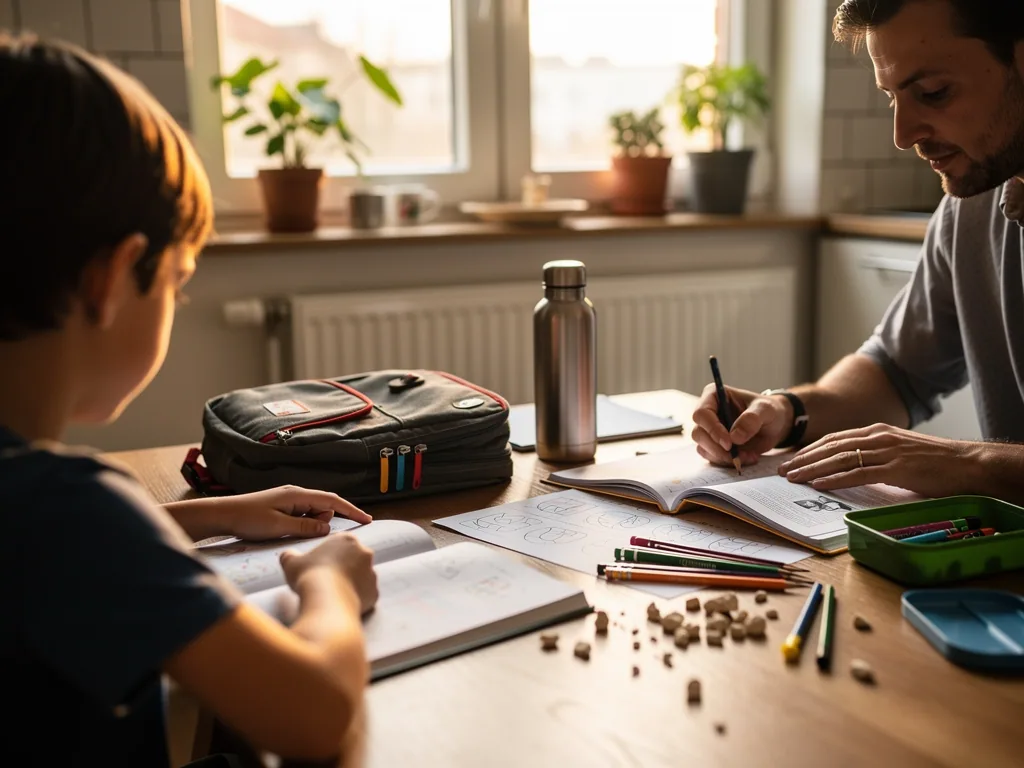 Vater und Kind sitzen am Küchentisch mit Schulranzen, Trinkflasche, Heften, Stiften und Brotdose.
