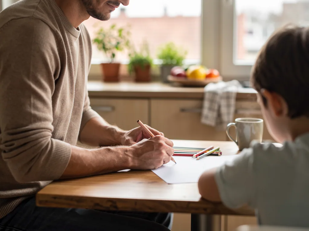 Vater und Kind sitzen am Küchentisch und malen gemeinsam mit Buntstiften auf Papier.