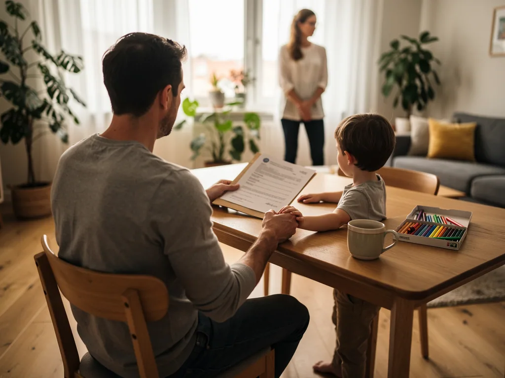 Vater und Kind sitzen am Tisch, der Vater hält ein Formular; eine Frau steht im Wohnzimmer im Hintergrund.