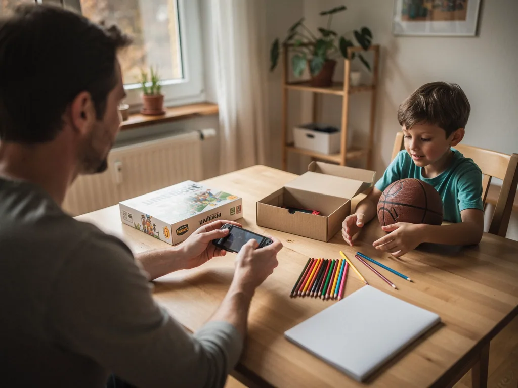 Vater und Kind sitzen am Tisch mit Basketball, Stiften, Brettspiel, Karton und Laptop als kleine Geschenkideen.