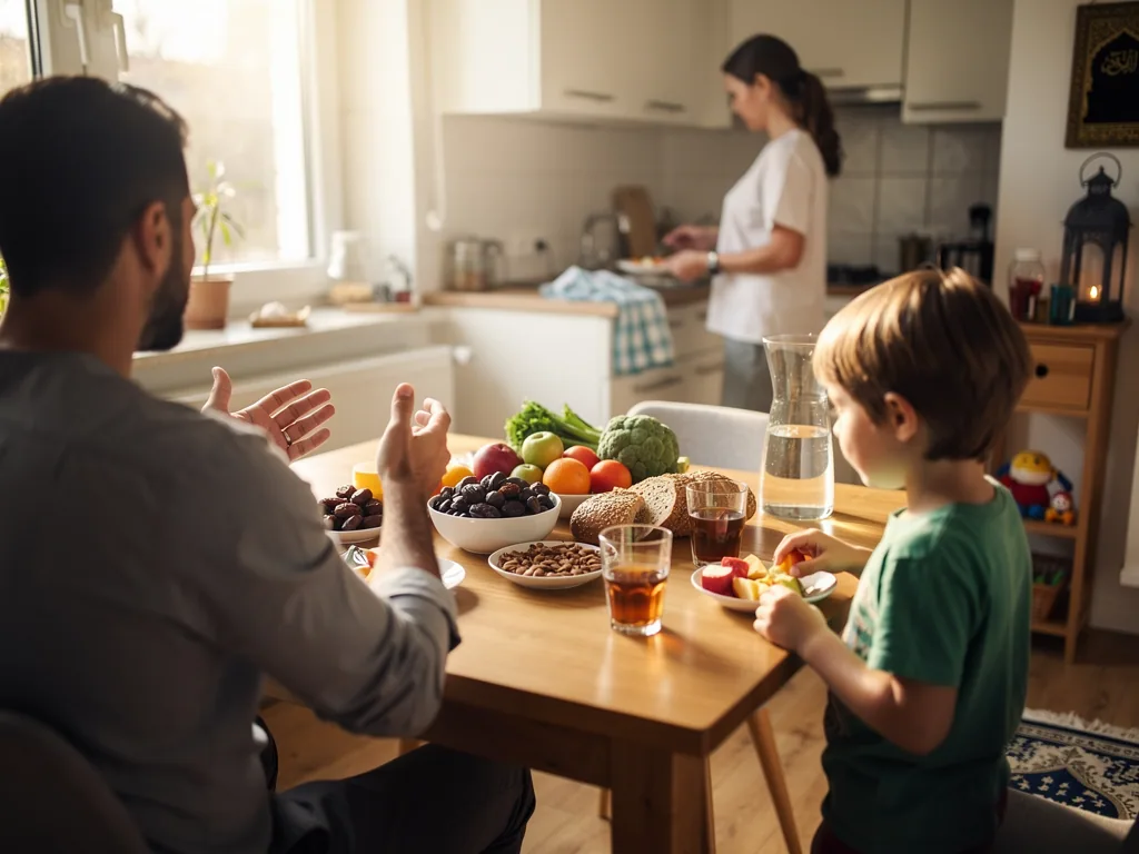 Vater und Kind sitzen am Tisch mit Obst, Gemüse, Datteln und Wasser; eine Frau bereitet Essen in der Küche zu.