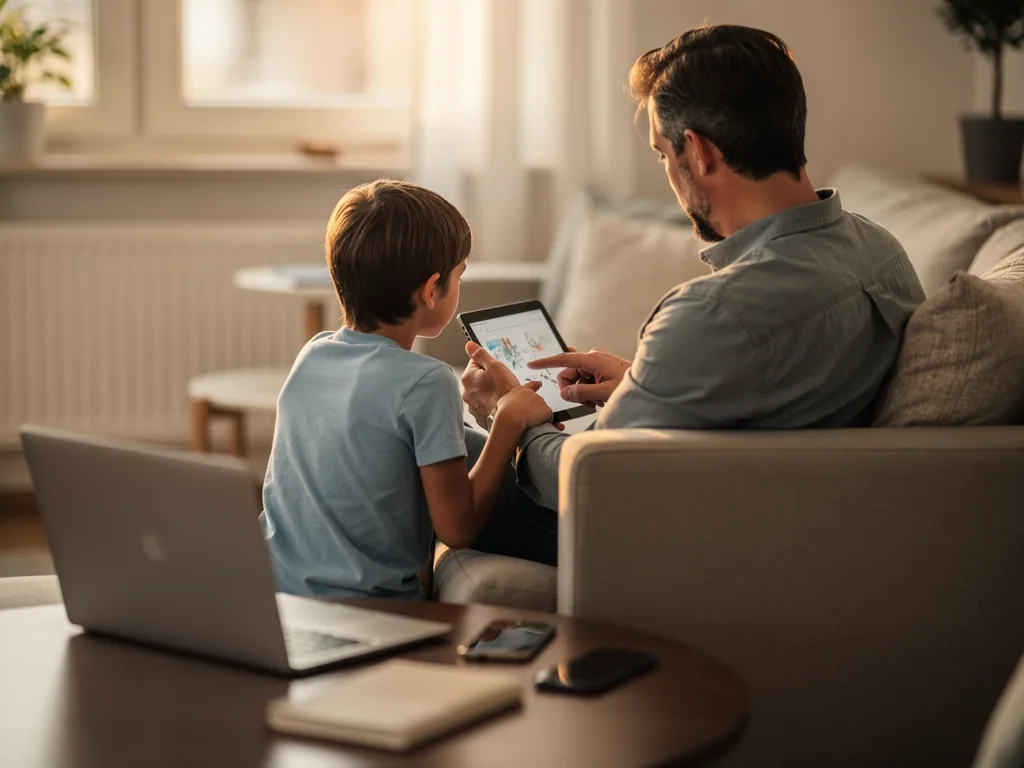 Vater und Kind sitzen auf dem Sofa und schauen gemeinsam auf ein Tablet, Laptop und Smartphone liegen auf dem Tisch.