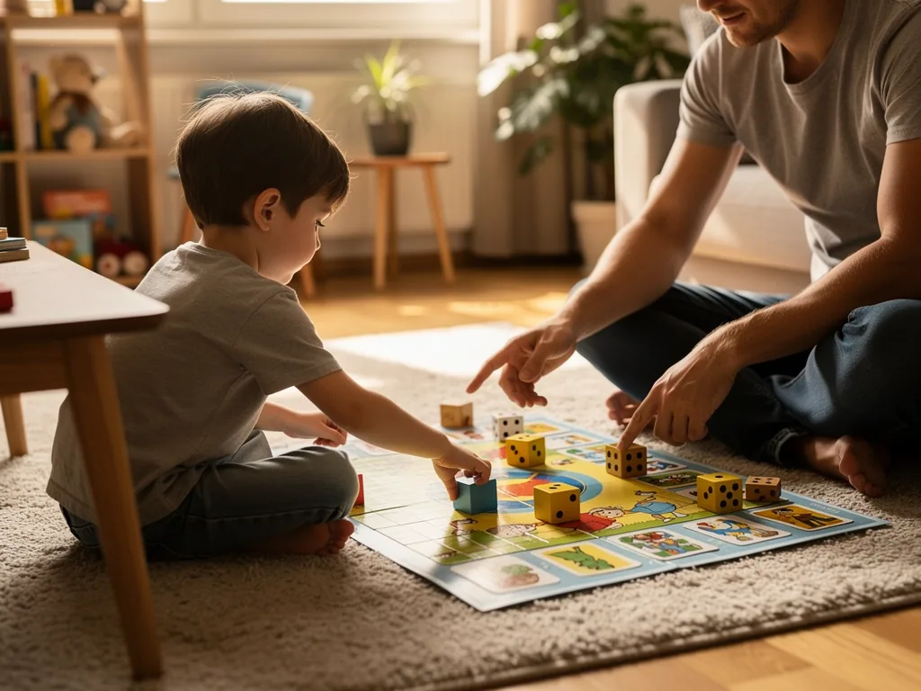 Vater und Kind sitzen auf dem Teppich und spielen ein Würfel-Brettspiel im Wohnzimmer.