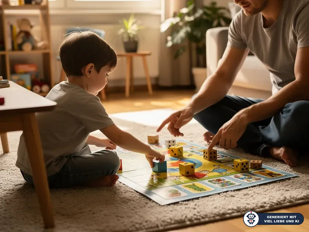 Vater und Kind sitzen auf dem Teppich und spielen ein Würfel-Brettspiel im Wohnzimmer. (mit KI erstellt)