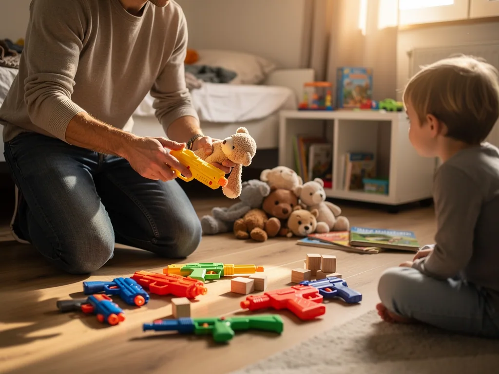 Vater und Kind sitzen im Kinderzimmer vor bunten Spielzeugpistolen und Kuscheltieren auf dem Boden.