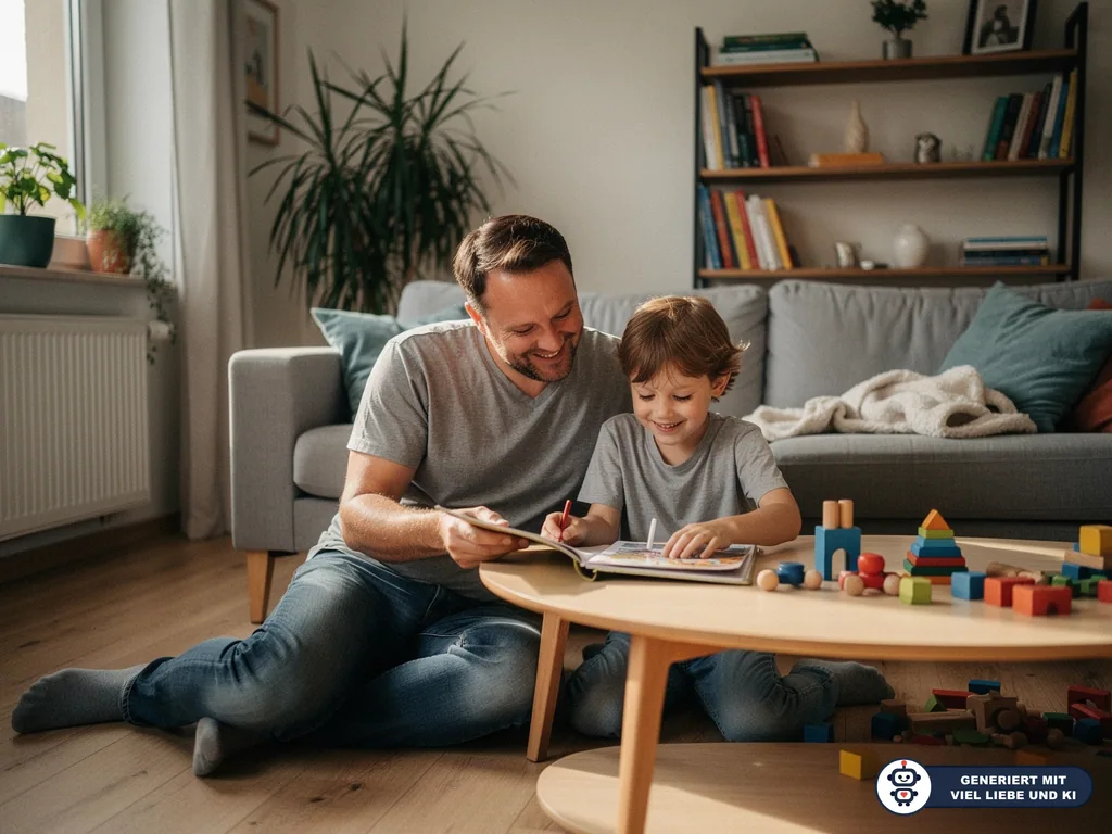 Vater und Kind sitzen im Wohnzimmer am Couchtisch, malen gemeinsam und spielen mit Holzbausteinen. (mit KI erstellt)