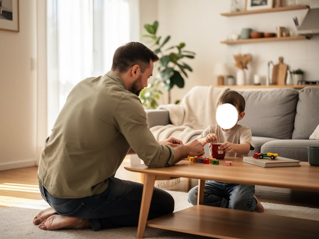 Vater und Kind sitzen im Wohnzimmer am Couchtisch und spielen mit bunten Bausteinen und Spielzeugautos.