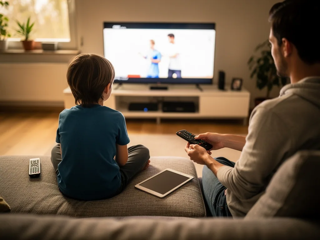 Vater und Kind sitzen im Wohnzimmer vor dem Fernseher; der Vater hält die Fernbedienung, ein Tablet liegt daneben.