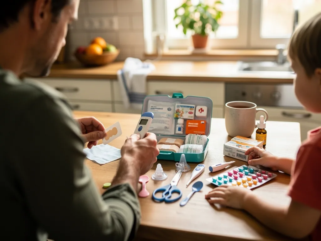 Vater und Kind sortieren am Küchentisch Notfallapotheke mit Erste-Hilfe-Box, Pflastern, Thermometer und Medikamenten.