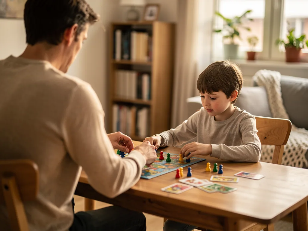 Vater und Kind spielen am Esstisch ein Brettspiel mit Figuren und Karten im Wohnzimmer.