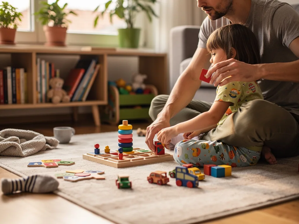 Vater und Kind spielen im Wohnzimmer auf dem Teppich mit Holz-Steckspiel, Bauklötzen und Spielzeugautos.