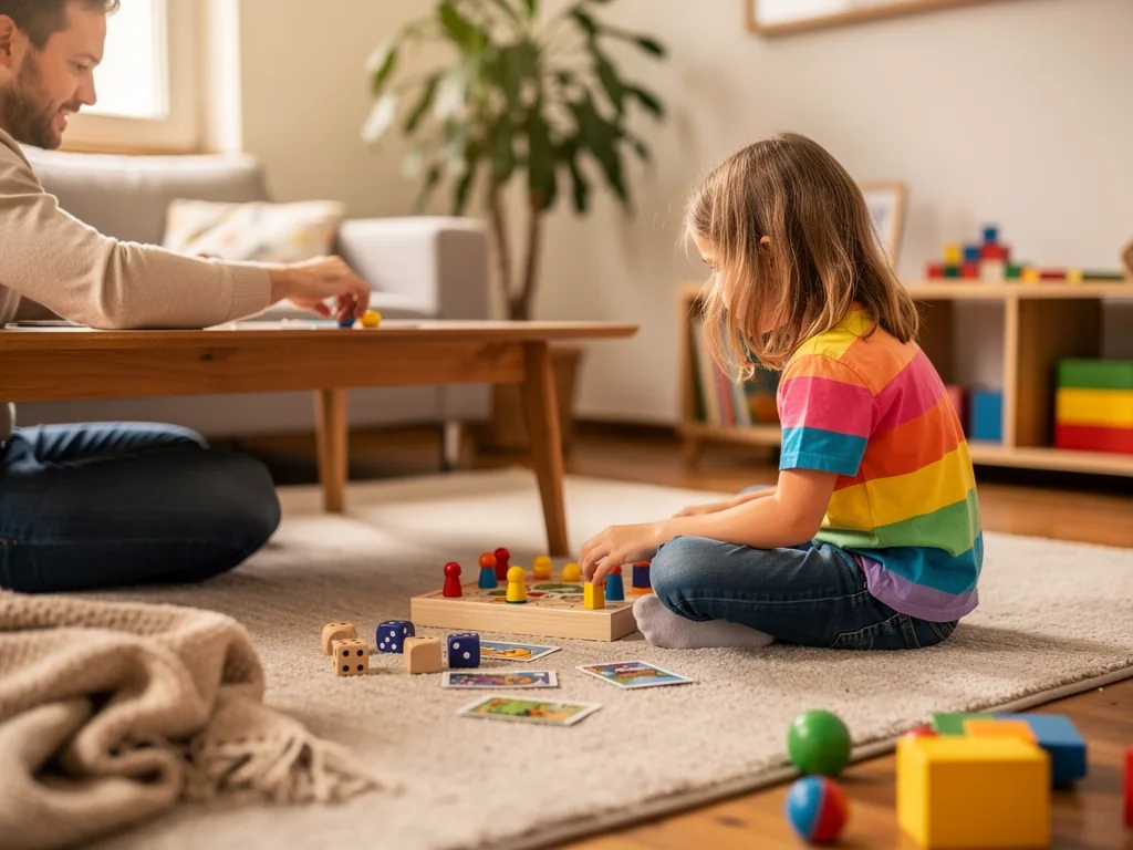 Vater und Kind spielen im Wohnzimmer ein Brettspiel mit Figuren, Würfeln und Karten auf dem Teppich.